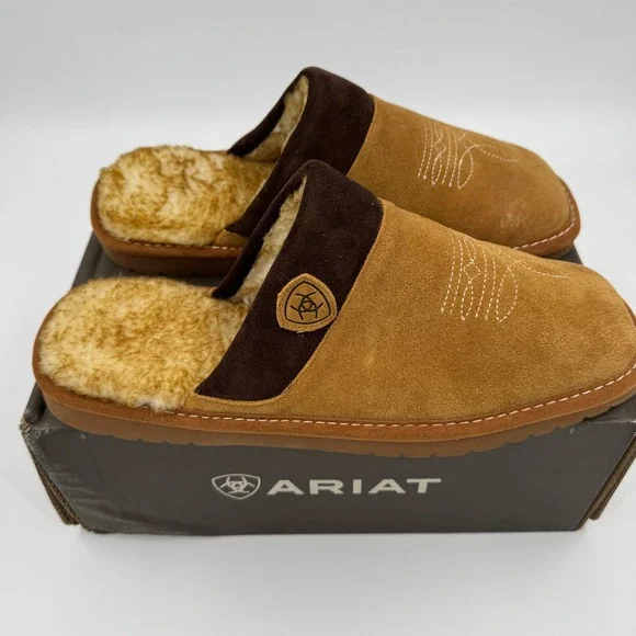 Ariat Mens Brown Leather Western Stitch Faux Fur Lined Scuff Slippers AR2842-200